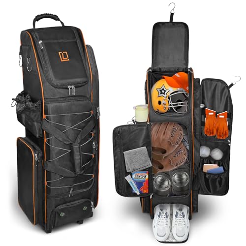 LIWSHWZ 80L Rolling Catchers Gear Bag Rolling Baseball Bag with Wheels for 7 Bats Vented Shoe Zone Large Anti-Wear Bottom Fence Hooks 1680D Oxford Waterproof and Stain-Resistant