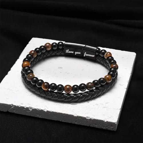 The Guardian - Son'S Tiger Eye Bracelet, Shielded By Love To Son Leather Black Bead Cuff Bracelet From Mom Dad Birthday Jewelry Gift For Men2