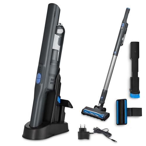 MEDION Aspiradora de mano 2en1 con tubo y cepillo para suelos (motor BLDC, filtro HEPA 13, filtrado de polvo y alérgenos, potencia de succión 20 kPa, batería, base de carga, sin cables, MD11515), gris