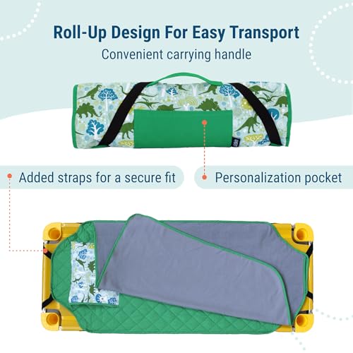 Image of Wildkin Modern Kids Nap Mat with Pillow for Boys - Cotton Blend, Elastic Straps, Toddler Sleep Mat for Daycare, Preschool, Kindergarten & Travel, Ages 3-7, Machine Washable - Dinomite Dinosaurs