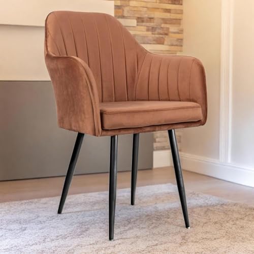 Image of Velvet Accent Chair | Luxury Upholstered Armchair with Sturdy Metal Legs | Modern Comfortable Chair for Living Room, Bedroom, Office, or Cafe (Black Legs, Golden (Light Brown))