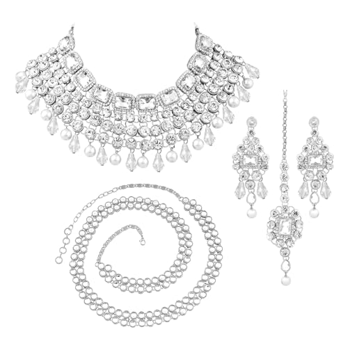 Image of Peora Crystal Choker Necklace with Maang Tikka Earrings Indian Traditional Bridal Wedding Jewellery Set for Women