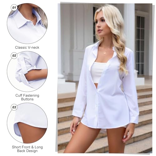 Weiße Hemden für Damen, Knopfleiste, übergroße Damenhemden, langärmelig, Business-Hemd, Longline, Freizeitbluse, weiß, XL