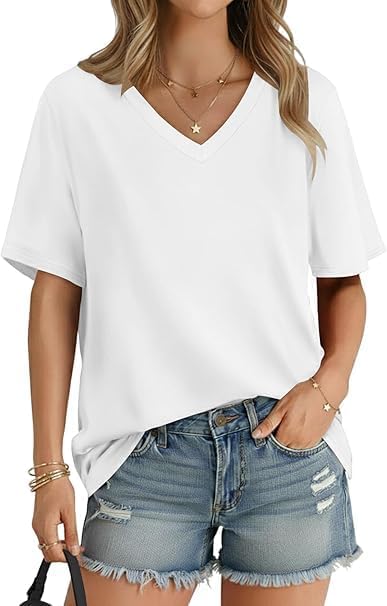 Women's V-Neck T-Shirt, Short Sleeve, Casual Loose Fit Top, White, Solid Color