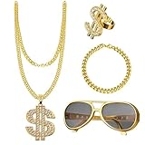 NVTRSD Zuhälter Kostüm Set, Goldene Dollar Kette & Ring Brille Persönlichkeit Halloween Hip Hop Kostüm Kit, Herren 80er 90er für Faschingszubehör Mottopartys, Geburtstag Party Faschingskostüme
