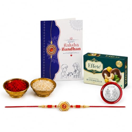 Image of DeoDap Rakhi with Chocolate for Brother - OM Design Rakhi with Butter Scotch Chocolate (32g) with Silver Color Pooja Coin, Greeting Card & Tilak Set - Raksha Bandhan Combo (K1 1093 BS32)