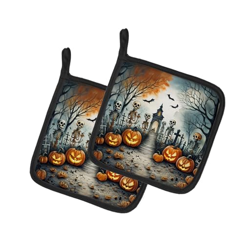 Caroline's Treasures Skeleton Spooky Halloween Pair of Pot Holders Kitchen Heat Resistant Pot Holders Sets Oven Hot Pads for Cooking Baking BBQ, 7 1/2 x 7 1/2