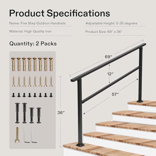 Image of VIVOSUN 2-Pack Outdoor Handrail, 5 Step Stair Handrail, 69 inch x 36 inch Fits 1 to 5 Steps, Wrought Mattle Iron Handrail for Concrete Steps, Porch Steps, One-Step Assembly, 2 Packs, Black