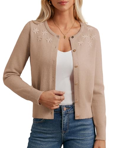GRACE KARIN Women's Long Sleeve Knitted Cardigan Sweaters Crew Neck Button Up Fuzzy Flower Sweaters Fall Outfits