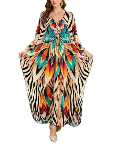 Image of IMAGEKOPE Women's Plus Size Animal Print V-Neck Batwing Kaftan Beach Dress Bathing Suit Cover-Up Loungewear