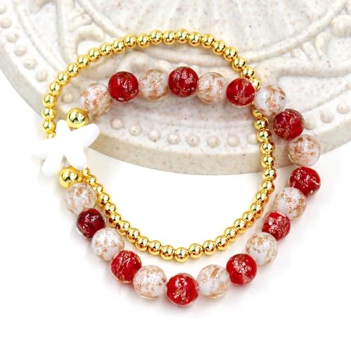 Image of 2 Christmas Couple Bracelets, Santa /Christmas Starfish /Christmas Tree Charm and 4mm Brass Beaded Stretch Bracelet for New Year Gifts for Family and Friends