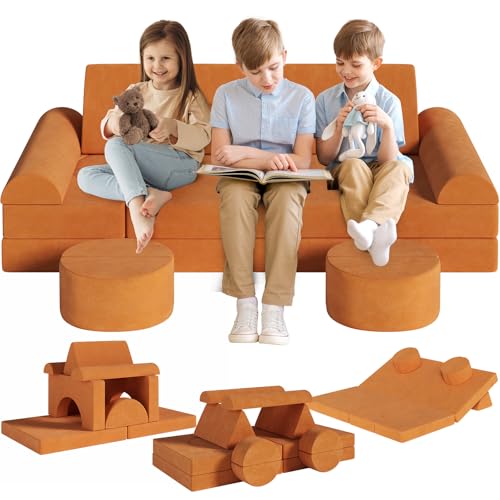 MAMIZO Modular Kids Play Couch, 14pcs Large Toddler Sectional Sofa, Child Building Fort Creative Playroom Bedroom, Convertible Foam Floor Cushion for Boys Girls (Orange)