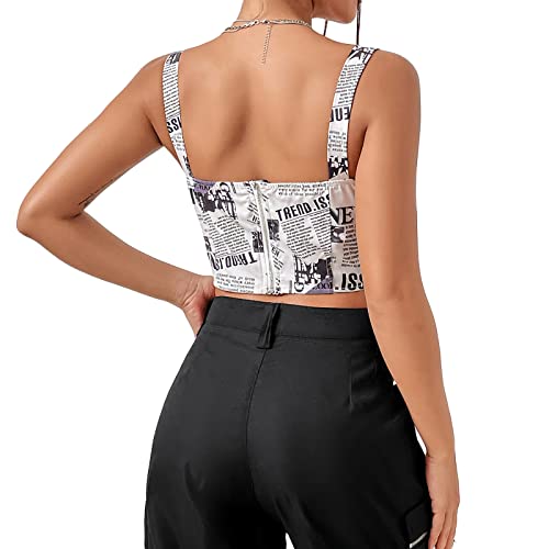 Women's Sexy Newspaper Graphic Print Tee Sleeveless Backless U Neck Slim Fit Crop Tank Topmini Sling Vest (Black White , S ) #TOP5
