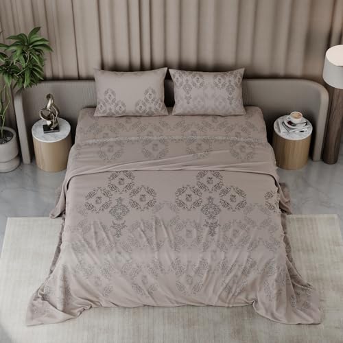Image of BLISSHOME Everlast 150TC King Size Printed Bedsheet with 2 Pillow Covers for Double Bed, Aesthetic Bedding, Wrinkle Resistant, 100+ Wash Durable, Quick Dry, Ornate Design - Champagne (228cm x 274cm)
