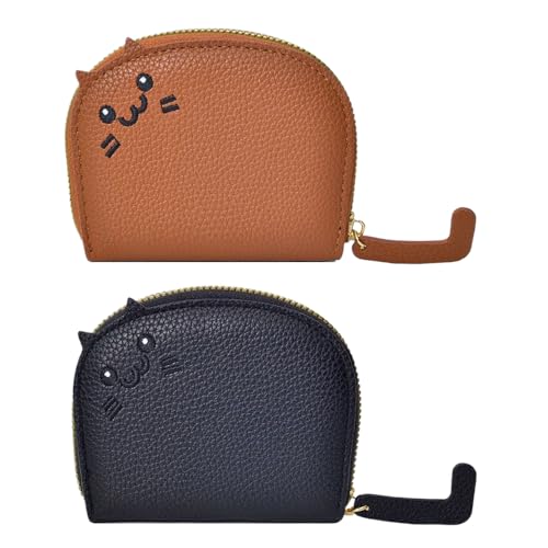 2Pcs Black and Caramel Compact Chic Genuine Leather Cat Design Wallet Secure Zipper Polyester Lined Coin Purse and Sleek Card Holder