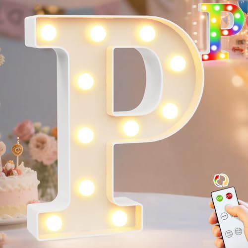 Image of Pooqla LED Light Up Letters, Warm White and Colorful Lighted Marquee Letters with Remote, Lighted Letter for Party Birthday Decorations, Gift for Girls Boys Night Light, Wedding Home Decor, Letter P
