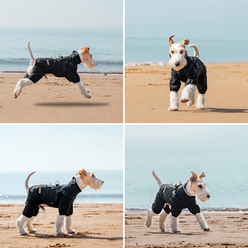 PAWBOSE Hunderegenmantel mit Geschirr für kleine und mittlere Hunde, verstellbare wasserdichte Hunderegenjacke, reflektierender regenfester Welpe 4 Beine Regenmantel Schwarz, L