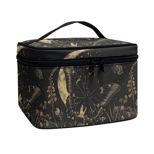 Flashideas Black Butterfly Makeup Bag for Travel Large Opening Design Makeup Bag Multifunctional Makeup Easy to Hold Portable Storage Bag Birthday Gifts for Sisters Friend