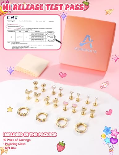 Adramata 10 Paar Chirurgenstahl Ohrringe Mädchen 14K Vergoldete/Silber Hypoallergene Ohrringe Kinder Creolen Flatback Ohrstecker Kleine Ohrring Set Herz Blume Zirkonia Schmetterling Ohrring