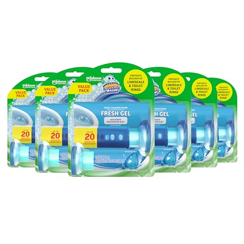 Image of Scrubbing Bubbles Fresh Gel Toilet Bowl Cleaning Stamps, Automatic & Continuous Bathroom Toilet Cleaner Helps Prevent Limescale & Rings, Rainshower Scent, 1 Dispenser with 12 Stamps (6 Count)