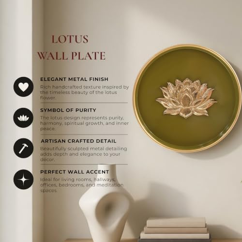 Image of BEHOMA Lotus Metal Wall Plate Olive Green & Gold 8.4 inch