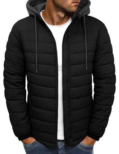 Xnova Chaqueta Acolchada Hombre Invierno Ligera Impermeable Cazadoras Entretiempo con Cremallera Chaquetas Softshell de Plumas Plumiferos Sudadera con Capucha Desmontable, Negro, M