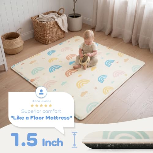Image of 1.5 inch Thick Play Mat, 50 x 50 Memory Foam Floor Mat, Rainbow Macaron