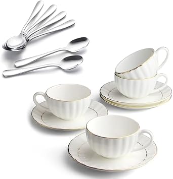 IQCWOOD 4.7 Inches Coffee Spoons Set of 6 and Tea Cup and Saucers Set of 46.09oz