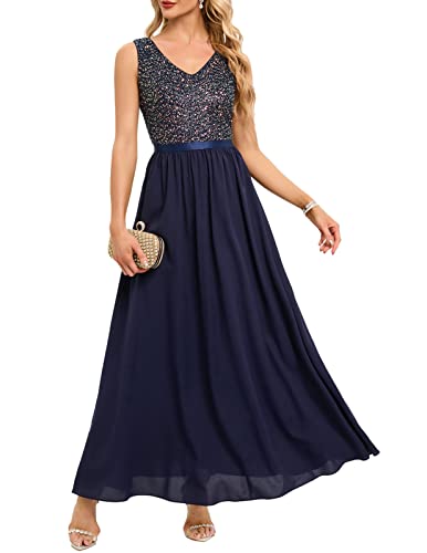 Meetjen Women's Formal Party Dress, Sequin Long Prom Dress, Modest V-Neck Wedding Guest Dresses, Glitter Chiffon Evening Gown Navy XL