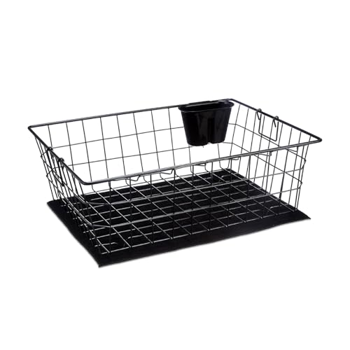 Amazon Brand - Solimo Steel Dish Drainer (55.3x45x19.7 cm) & Dish Drying Mat with Cutlery Stand for Kitchen Utensils | Bartan & Plate Drying Basket Stand | Carbon Steel | Black