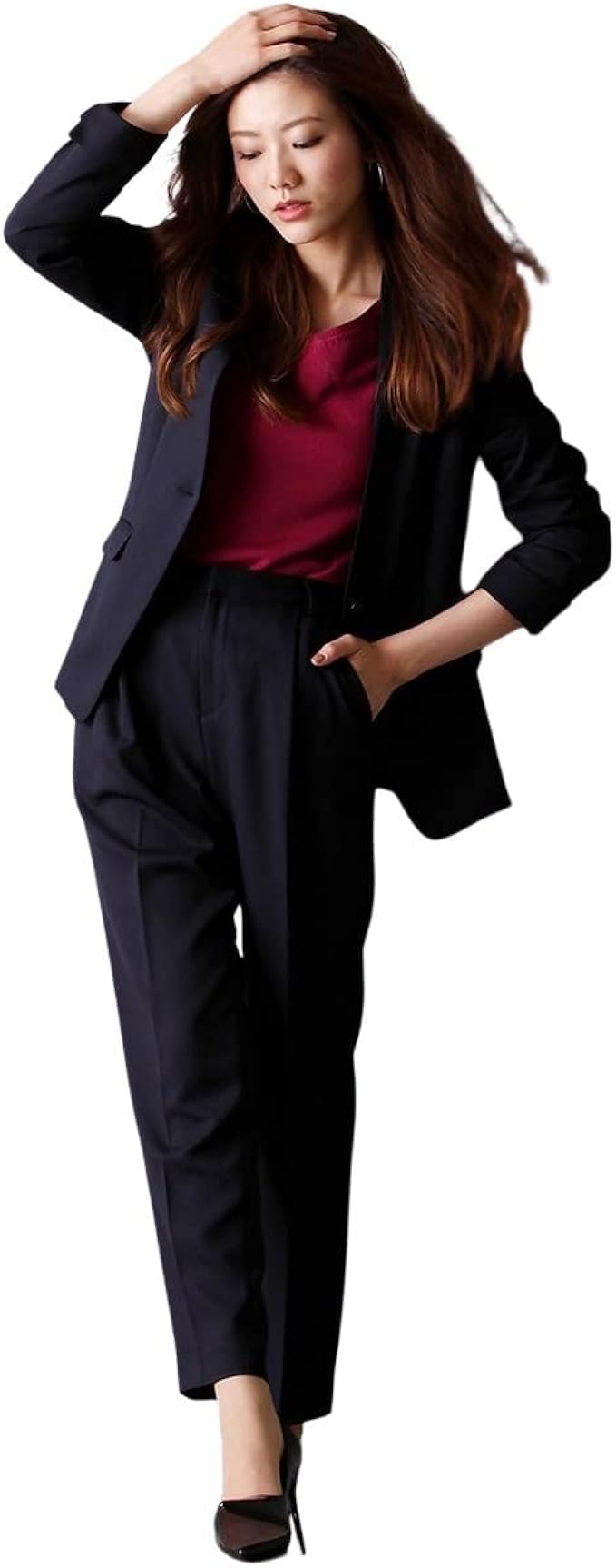 Amazon レディーススーツ Nissen ニッセン 洗えるストレッチパンツスーツ カラーレスジャケット 9分丈テーパードパンツ レディーススーツ ネイビー 8l パンツスーツ 通販