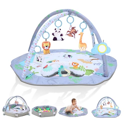 Image of Baby Gym Play Mat, 8-in-1 Tummy Time Mat & Ball Pit with 6 Toys, Washable Baby Activity Play Mat for Visual, Hearing, Sensory, Motor Development, For Toddler Infant 0-3-6-9-12 Month-Jungle Theme