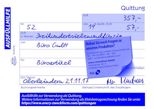 AVERY Zweckform 1736 Quittungsblock (A6 quer, 2x40 Blatt, selbstdurchschreibend, fälschungssicherer Dokumentendruck, für Beträge unter 250€ inkl. MwSt., für DE/AT) weiß/gelb