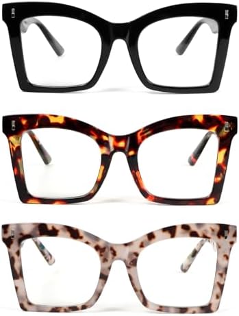 KoKoBin 3 pack quadratische lesebrille damen übergröße federscharnier anti-blaulicht brille, 3 Packungen, 146-17-143
