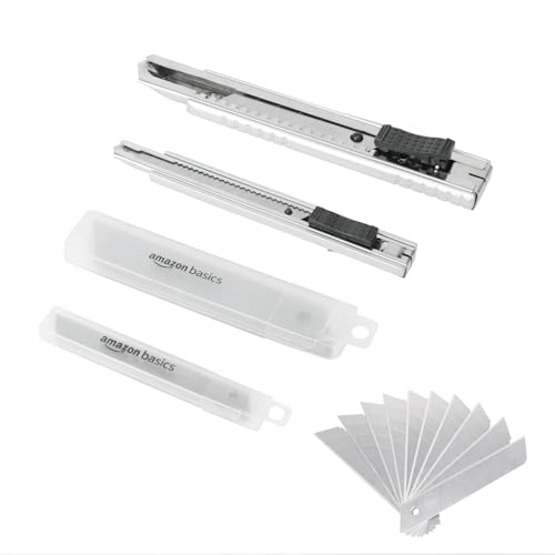 Amazon Basics Universalmesser mit automatischer Verriegelung, Zink-Legierung, 2er-Pack mit 20-teiligen zusätzlichen SK5-Klingen für präzises Schneiden, Silber