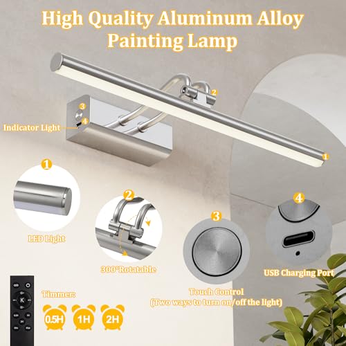 Image of Picture Light for Wall, Platinum Silver, Battery Operated, Remote Control | 4000mAh Cordless,Wall Light, Magnetic for Easy to Charge,Timers, Display for Gallery Living Room Bedroom
