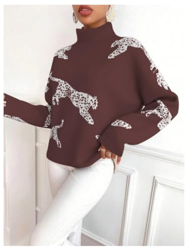 Image of WDIRARA Women's Leopard Tiger Print Sweater High Neck Long Sleeve Fuzzy Knitted Pullover Top