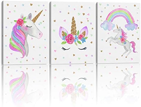 Something Unicorn - Stretched/Framed, Ready to Hang Canvas Wall Art. Super Cute Water Color Unicorn Prints for Nursery or Girl's Bedroom Decor. Set of 3. 12x16in - Gold Glitter Unicorn Original