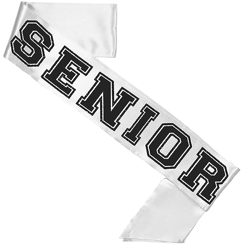 Senior Night Sashes - Black Sparkle White Premium Grade Satin Sash - Senior Night Gifts - White Sash (Blk Snr) wht