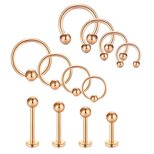 VFUN 16G 6-12MM Knorpel Ohrpiercing Chirurgenstahl Hufeisen Captive Bead Ring Nase Lippe Augenbraue Piercing Conch Helix Piercing Ohrstecker Stud Hoop Schmuck 12 Stück Rosegold Cover