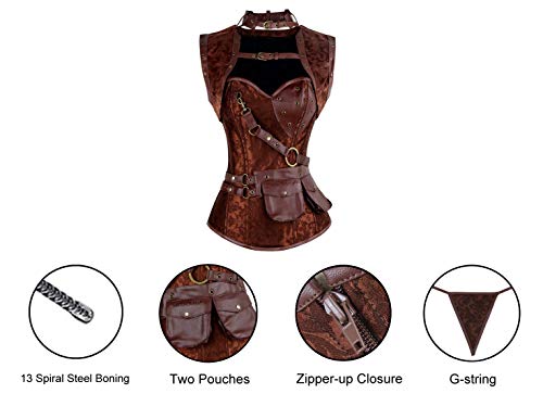 Charmian Women's Plus Size Retro Goth Spiral Steel Boned Brocade Steampunk Bustiers Corset With Jacket And Belt Brown Xxxx-Large #TOP3