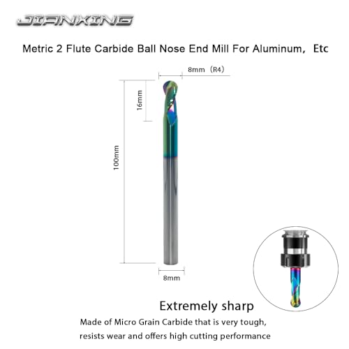 Image of 8mm R4 Extra Long DLC Coated 2-Flute Carbide Ball Nose End Mill, 100mm OAL, Ideal for Aluminum, Copper Alloys & Plastic Machining-High Precision & Wear-Resistant Cutting Tool (1 Pack)