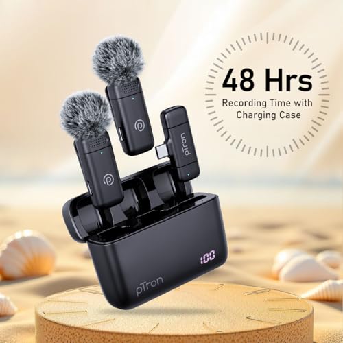 Image of pTron KWM-2 Type C Wireless Microphone with Charging case w /Noise Cancellation, 48Hrs Battery, 20m Wireless Range, Collar Mic for DSLR /iPhone /Android, Vlog, Streaming /Zoom Meeting (Black)