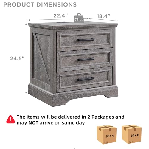 Image of ACCOHOHO Farmhouse Nightstands Set of 2, 22 Inch Wide End Table with Charging Station & 3 Large Drawers, Rustic Wood Small Dresser Chest of Drawers for Bedroom, Living Room, Grey