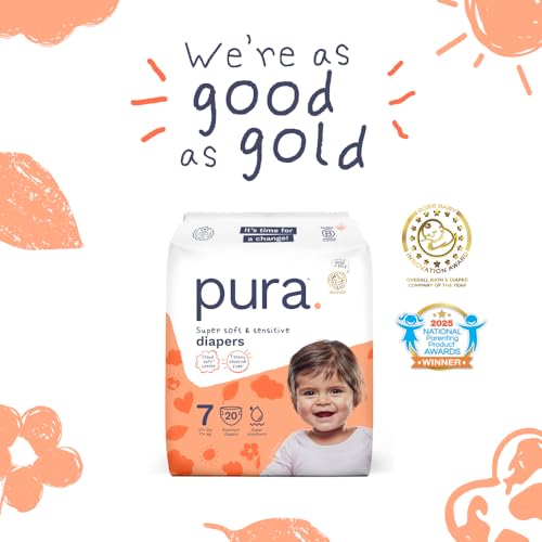 Image of Pura Baby Diapers Size 7-80 Count, 37+lbs, 12hr Leak Protection, Cloud Soft & Gentle Diapers for Hypoallergenic & Sensitive Baby Skin, Toxin-Free*, Organic Cotton, Blowout Blocker, New Size Guide