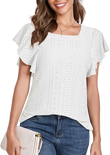 ZENBRIELE Women Summer Casual Tops Short Sleeve Square Neck Loose Shirt Blouse Tunic Tops for Casual Work Business White
