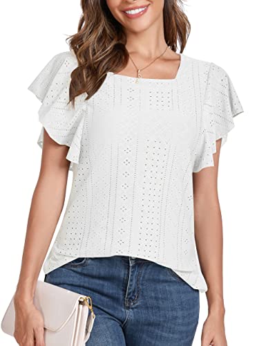 Zenbriele Women Summer Casual Tops Short Sleeve Square Neck Loose Shirt Blouse Tunic Tops For Casual Work Business White #TOP22