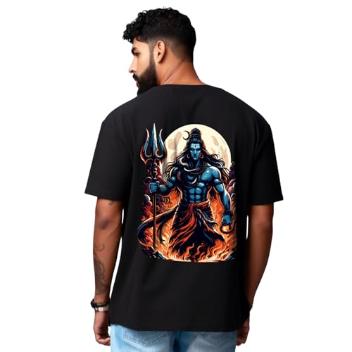 Image of prabhu bhakti Men's Oversized Lord Shiva with Tripund Printed Black T-Shirt |Back Print Drop Shoulder Pure Cotton Oversized Tshirt for Men