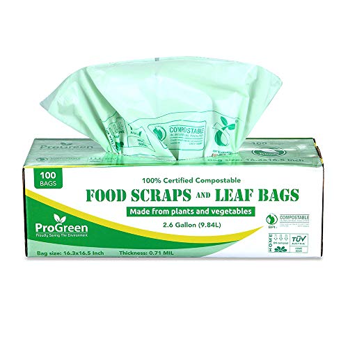 ProGreen 100% Compostable Bags 2.6 Gallon, Extra Thick 0.71 Mil, 100 Count, Small Kitchen Trash Bags, Food Scraps Yard Waste Bags, Biodegradable ASTM D6400 BPI and VINCOTTE Certified.