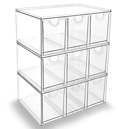 Image of Prsildan Craft Art Supply Organizer Stackable Storage Drawer with 9 Drawers | Clear Acrylic, Tea Bag K Cup Organizer, for Kitchen Office Desk Vanity Makeup Organizer, 3 Pack